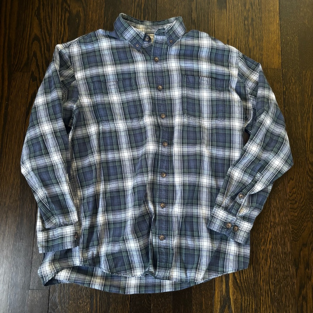 Duluth Trading Button Up Flannel Shirt Mens XL Tall Green Blue Plaid Long Sleeve